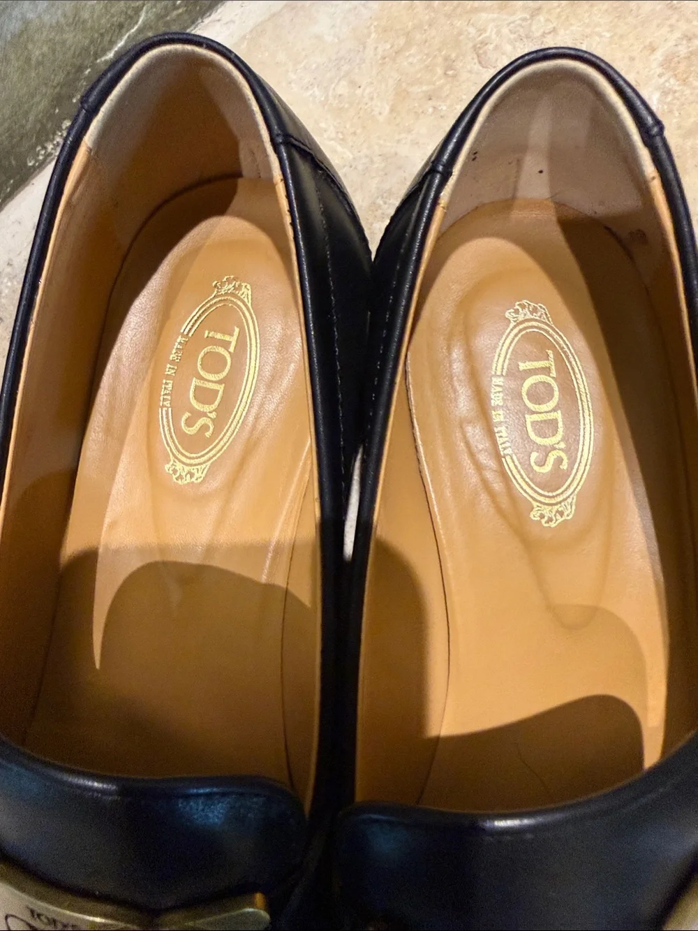 AUTHENTIC Tod's Black Leather Loafers with Brass Chain Accent size 38.5